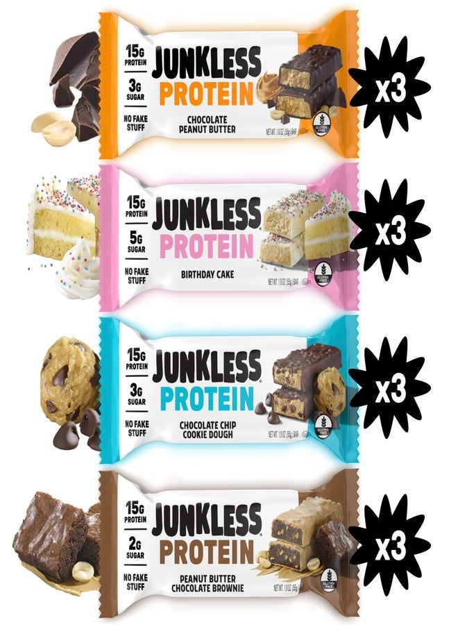 Junkless ألواح بروتين جانكليس - عبوة متنوعة من 12 لوحًا - 15 غرام بروتين، غنية بالألياف، خالية من الغلوتين، بديل للوجبات - وجبة خفيفة لذيذة، غنية، مشبعة، صحية تمنحك الطاقة - Image 1