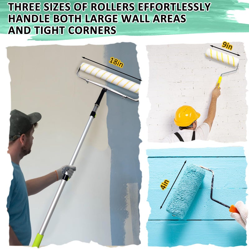 Enkreefi 18 inch Paint Roller Kit, Large Paint Roller Tray with Liner, 18 inch Rollers for Painting, Rollers and Frame, 4 FT Extension Pole, Suitable for DIY Interior Walls, Rooms - Image 4