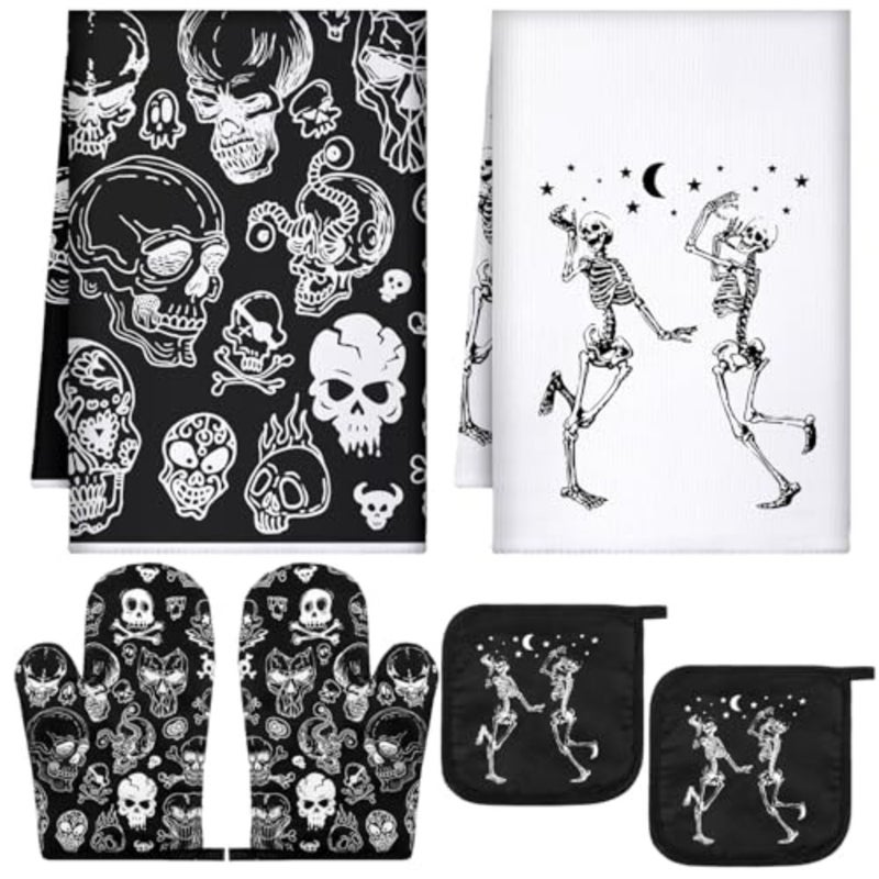 6 Pcs Kitchen Decor Set Kitchen Towels Gothic Oven Mitts and Pot Holders Hand Dish Towels Horror Oven Mitts for Home Decoration Party Gifts - Image 1