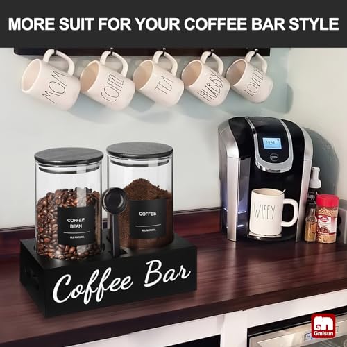 GM GMISUN GMISUN Coffee Container, 2 Pcs 50 Fl oz Airtight Bean Storage Canister, Black Glass Ground Coffee and Sugar Jar Set with Scoop/Shelf/Labels, Sugar/Tea Holder Containers for Cafe Bar Countertop - Image 4