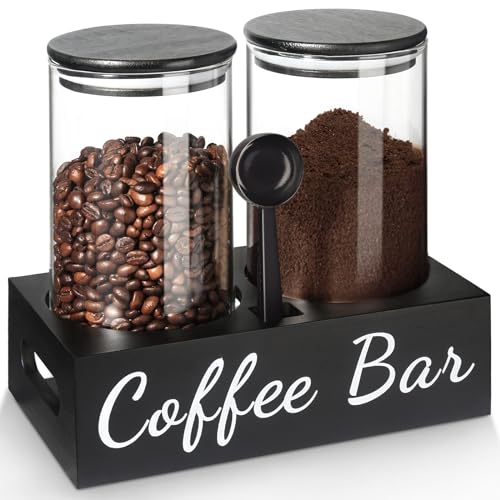 GM GMISUN GMISUN Coffee Container, 2 Pcs 50 Fl oz Airtight Bean Storage Canister, Black Glass Ground Coffee and Sugar Jar Set with Scoop/Shelf/Labels, Sugar/Tea Holder Containers for Cafe Bar Countertop - Image 1