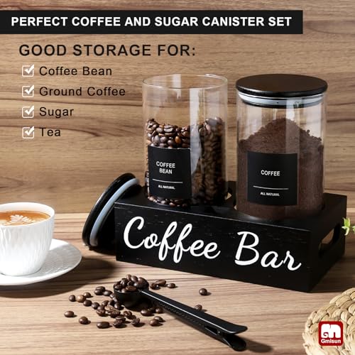 GM GMISUN GMISUN Coffee Container, 2 Pcs 50 Fl oz Airtight Bean Storage Canister, Black Glass Ground Coffee and Sugar Jar Set with Scoop/Shelf/Labels, Sugar/Tea Holder Containers for Cafe Bar Countertop - Image 3