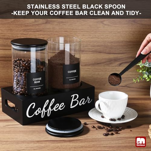 GM GMISUN GMISUN Coffee Container, 2 Pcs 50 Fl oz Airtight Bean Storage Canister, Black Glass Ground Coffee and Sugar Jar Set with Scoop/Shelf/Labels, Sugar/Tea Holder Containers for Cafe Bar Countertop - Image 5