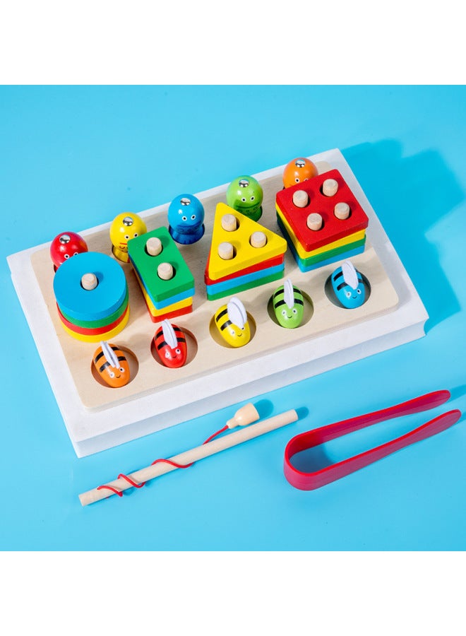 Baby Early Childhood Education Multi-functional Shape Matching Building Block Set Column Magnetic Fishing Pulling Radish Patch Insect Patch Parent-Child Wooden Toy-Color:OK-four Sets Of Column Fishing (color)  - Image 1