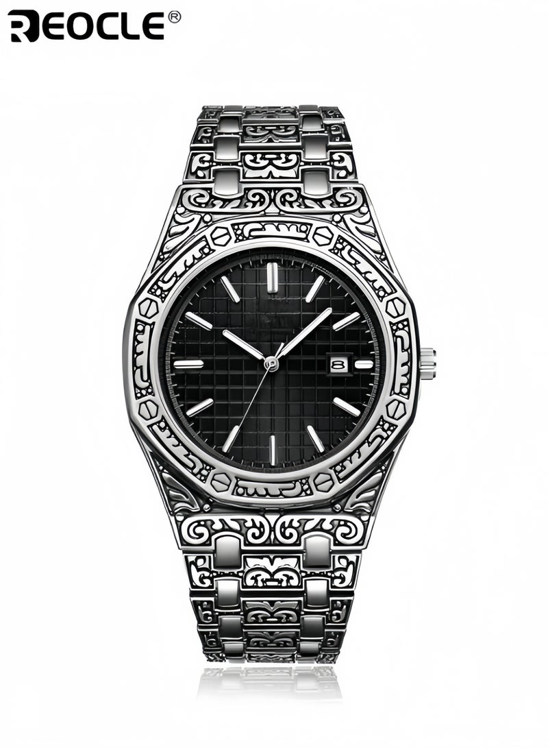 ريوكل ساعة رجالية كوارتز تناظرية متعددة الوظائف مع سوار من الفولاذ المقاوم للصدأ ووظيفة التقويم ومينا بنمط قديم ساعة عمل فاخرة عتيقة - Image 1