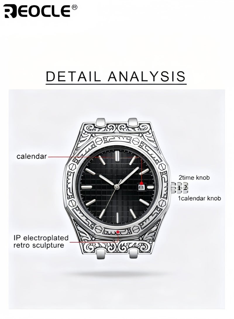 ريوكل ساعة رجالية كوارتز تناظرية متعددة الوظائف مع سوار من الفولاذ المقاوم للصدأ ووظيفة التقويم ومينا بنمط قديم ساعة عمل فاخرة عتيقة - Image 2