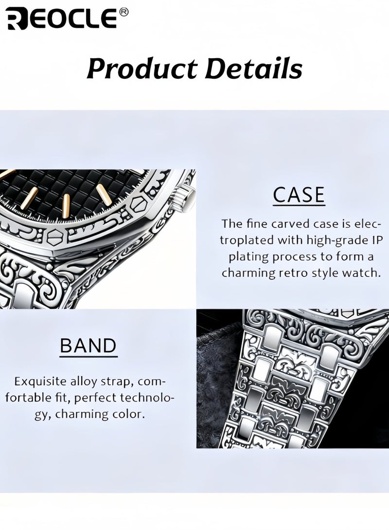 ريوكل ساعة رجالية كوارتز تناظرية متعددة الوظائف مع سوار من الفولاذ المقاوم للصدأ ووظيفة التقويم ومينا بنمط قديم ساعة عمل فاخرة عتيقة - Image 3