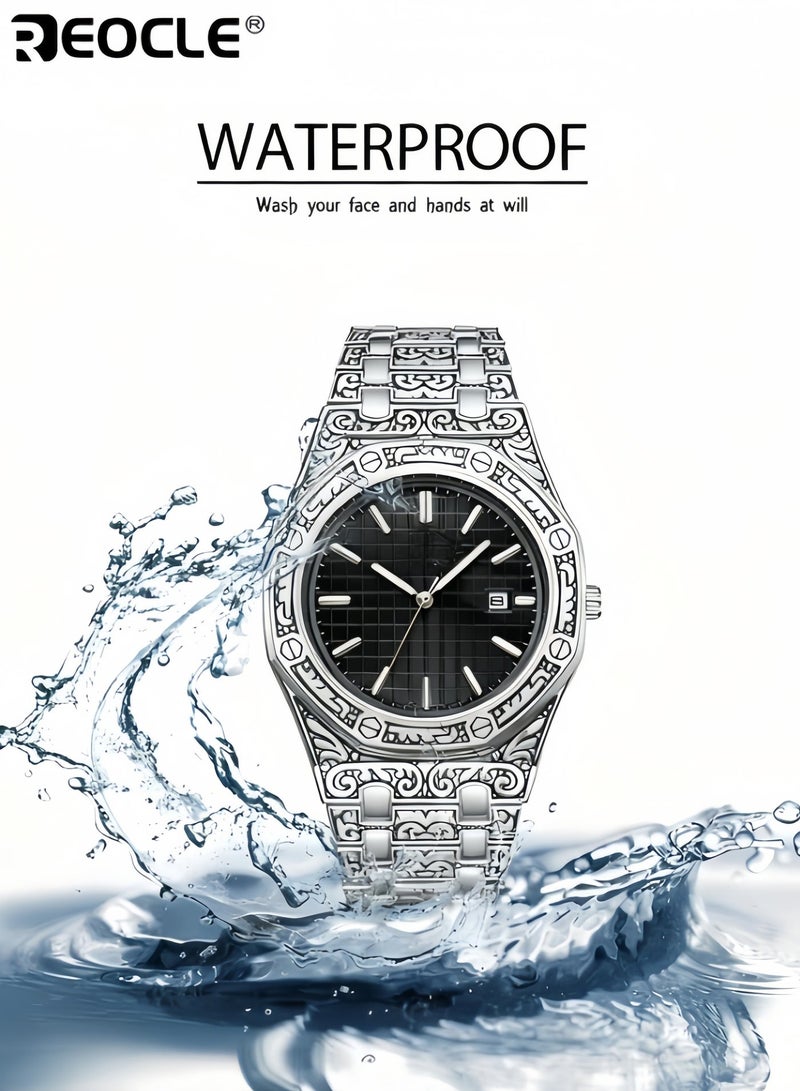 ريوكل ساعة رجالية كوارتز تناظرية متعددة الوظائف مع سوار من الفولاذ المقاوم للصدأ ووظيفة التقويم ومينا بنمط قديم ساعة عمل فاخرة عتيقة - Image 4