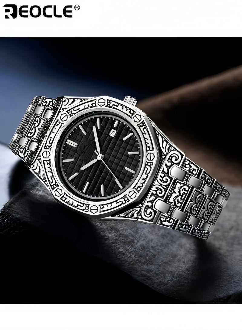 ريوكل ساعة رجالية كوارتز تناظرية متعددة الوظائف مع سوار من الفولاذ المقاوم للصدأ ووظيفة التقويم ومينا بنمط قديم ساعة عمل فاخرة عتيقة - Image 5