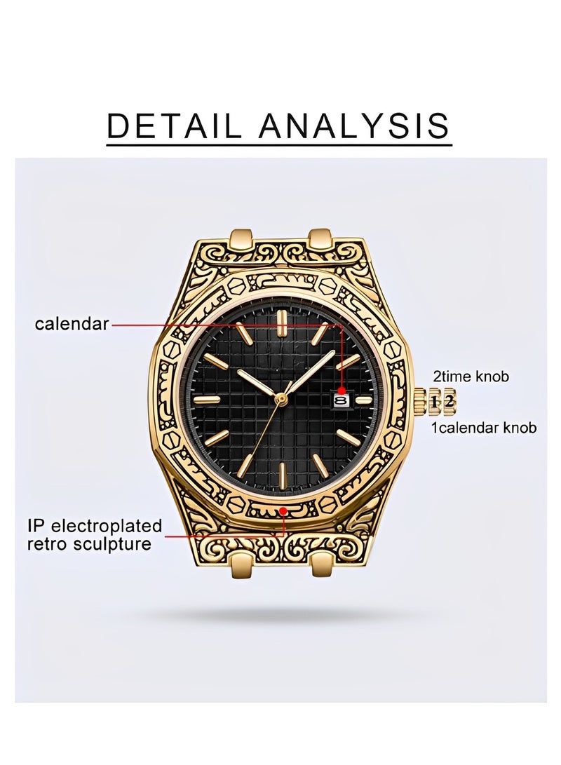 Men's Analog Quartz Watch Multifunctions Wrist Watch with Stainless Steel Band & Calendar Function & Retro Pattern Dial Luxury Business Vintage Watch