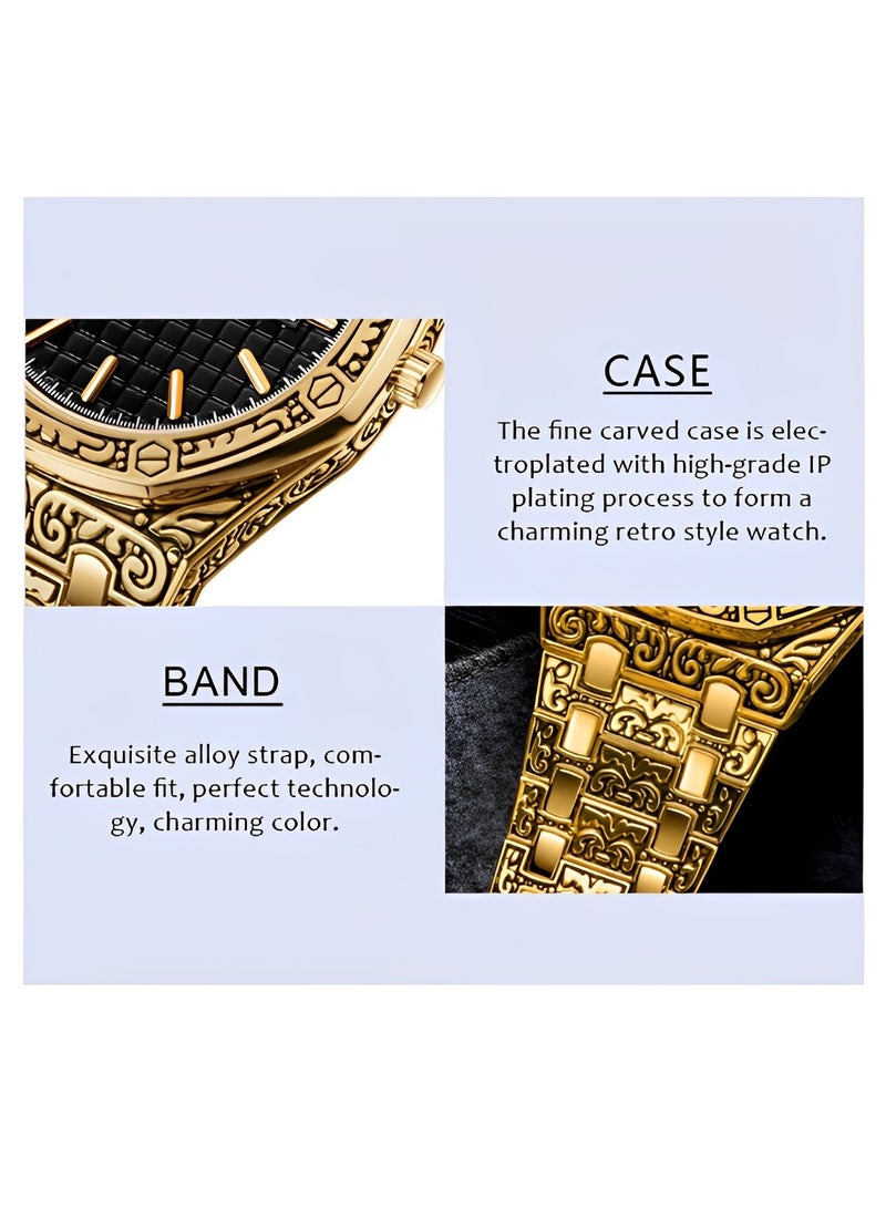 Men's Analog Quartz Watch Multifunctions Wrist Watch with Stainless Steel Band & Calendar Function & Retro Pattern Dial Luxury Business Vintage Watch