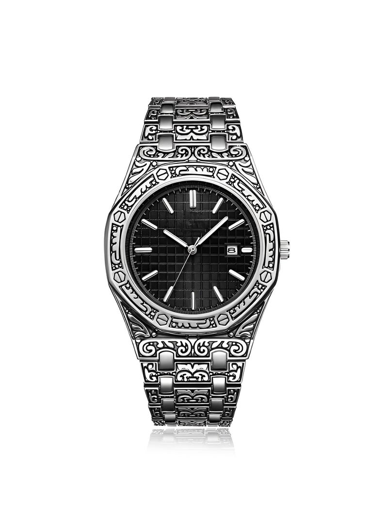 Men's Analog Quartz Watch Multifunctions Wrist Watch with Stainless Steel Band & Calendar Function & Retro Pattern Dial Luxury Business Vintage Watch