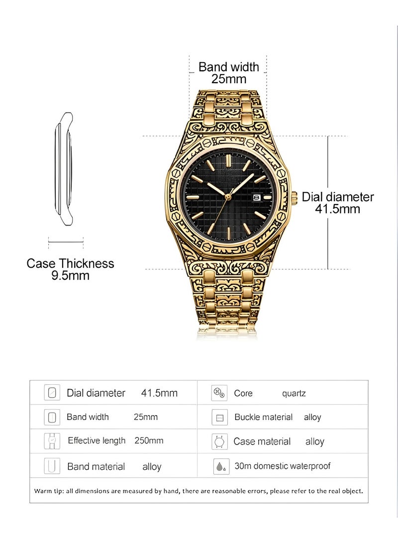 Men's Analog Quartz Watch Multifunctions Wrist Watch with Stainless Steel Band & Calendar Function & Retro Pattern Dial Luxury Business Vintage Watch