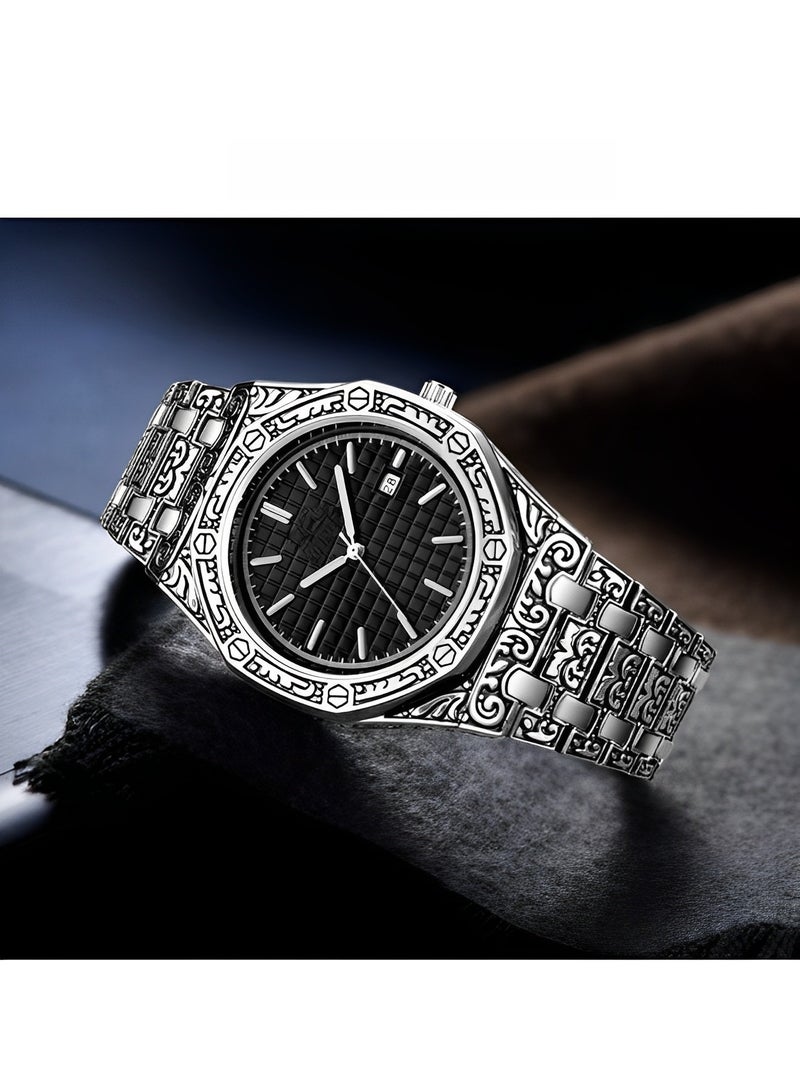 Men's Analog Quartz Watch Multifunctions Wrist Watch with Stainless Steel Band & Calendar Function & Retro Pattern Dial Luxury Business Vintage Watch