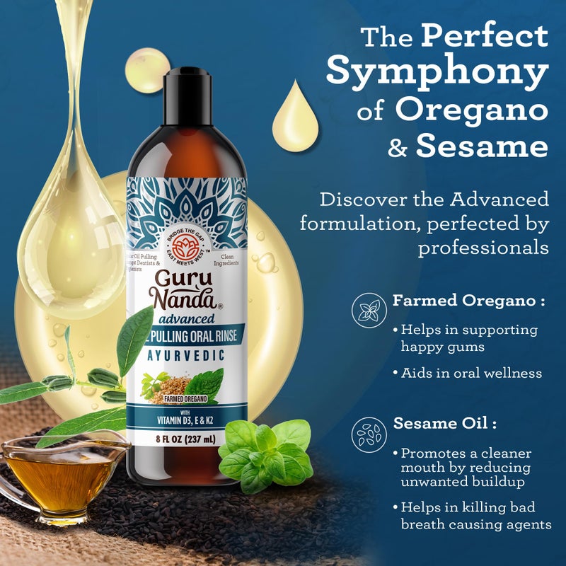 GuruNanda Advanced Oil Pulling with Tongue Scraper, Natural Alcohol Free Mouthwash with Coconut Oil, Vitamins D & E for Teeth & Gum Health (3x8 Fl Oz) - Image 2