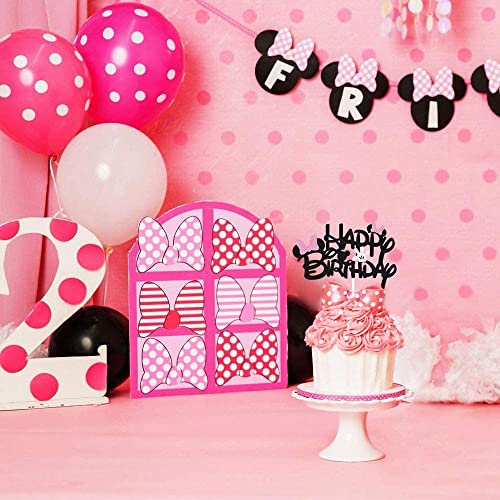 BOGZON Black Glitter Minnie Inspired Happy Birthday Cake Topper with Pink Bows and White Gloves Girls Birthday Party Decorations Supplies - Image 5