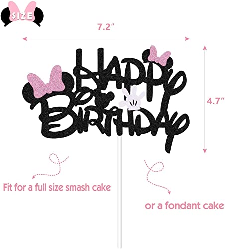 BOGZON Black Glitter Minnie Inspired Happy Birthday Cake Topper with Pink Bows and White Gloves Girls Birthday Party Decorations Supplies - Image 4