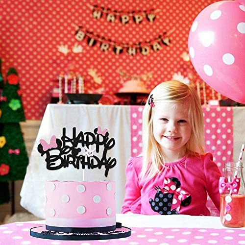 BOGZON Black Glitter Minnie Inspired Happy Birthday Cake Topper with Pink Bows and White Gloves Girls Birthday Party Decorations Supplies - Image 2
