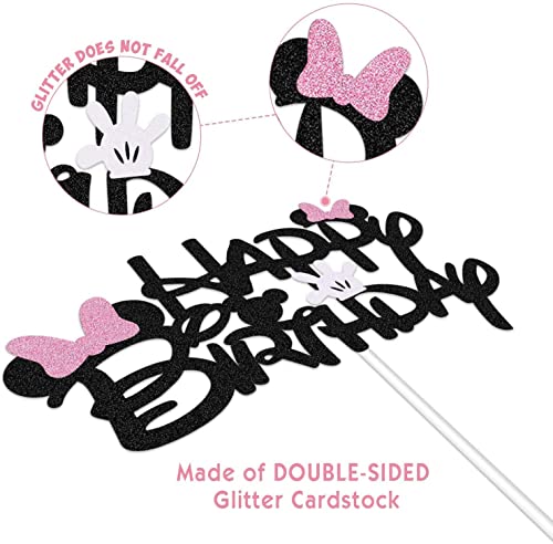 BOGZON Black Glitter Minnie Inspired Happy Birthday Cake Topper with Pink Bows and White Gloves Girls Birthday Party Decorations Supplies - Image 3