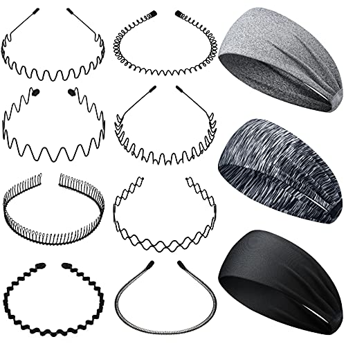 WILLBOND 11 Pieces Metal Headband and Sports Headbands, Elastic Headbands Spring Wave Non Slip Hairband Unisex Hair Accessories for Men and Women Running Jogging Yoga Workout Supplies - Image 1