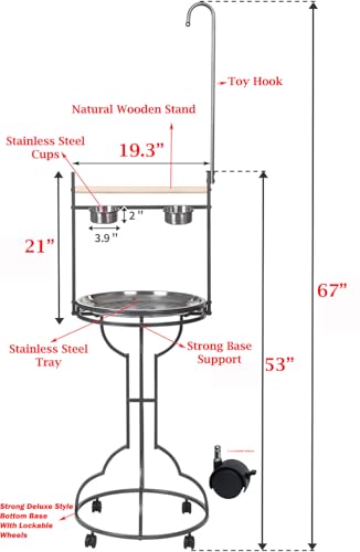 Mcage Elegant and Durable Wrought Iron Parrot Bird Play Perch Sturdy 4-Leg Rolling Stand Perch Gym Ground with Removable No Rust Stainless Steel Tray and Feed Cups Toy Hook - Image 3