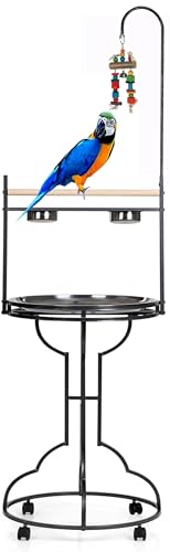 Mcage Elegant and Durable Wrought Iron Parrot Bird Play Perch Sturdy 4-Leg Rolling Stand Perch Gym Ground with Removable No Rust Stainless Steel Tray and Feed Cups Toy Hook - Image 1