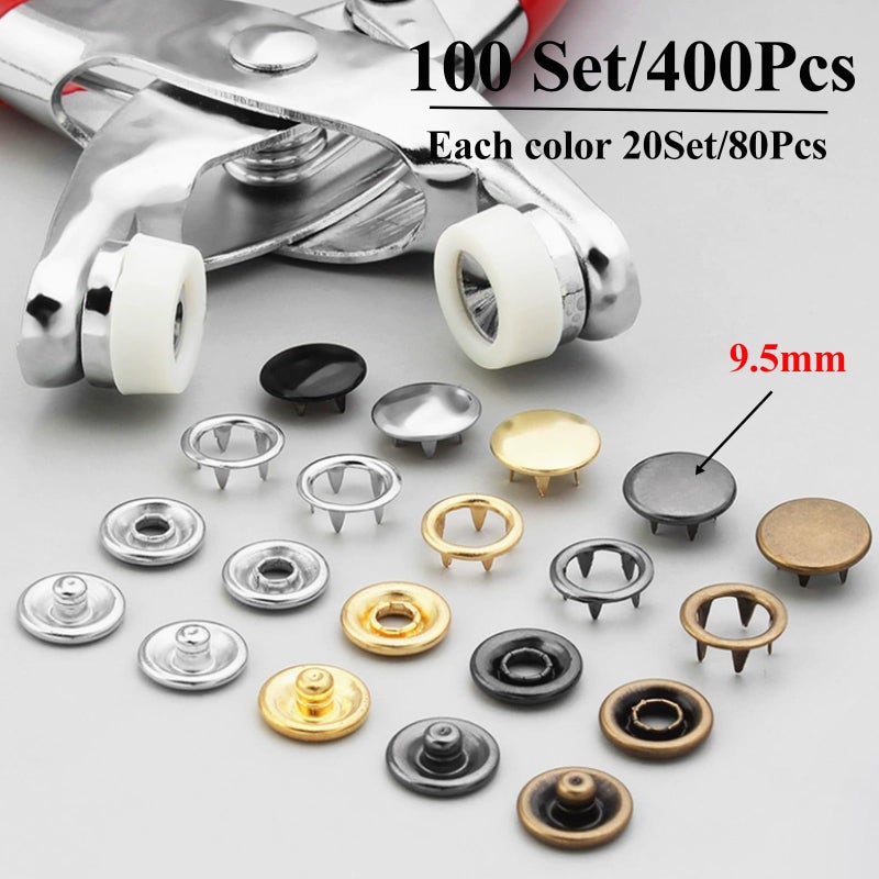 MIFOLEU 100 Sets Snaps for Fabric, MIFOLEU Metal Snaps Buttons with Fastener Pliers Press Tool Kit Perfect for DIY Crafts Clothes Hats and Sewing, Snap Button Fasteners Kit for Clothing Sewing(9.5mm/400 PCS) - Image 2
