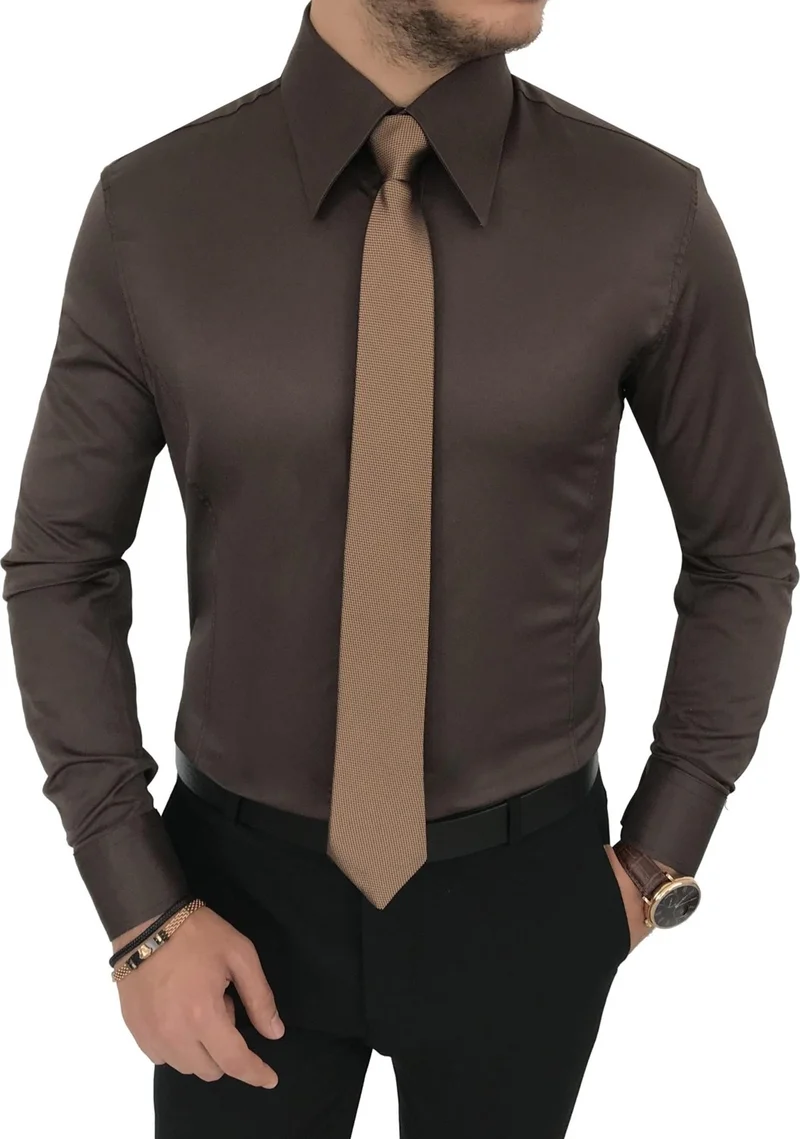 ترزي اددم Tailor Adem Italian Style Slim Fit Pointed Collar Satin Men's Shirt Brown T7211