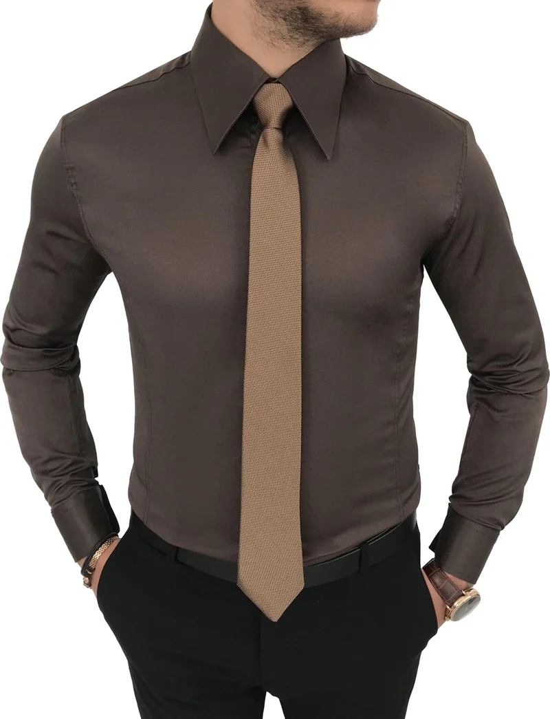 ترزي اددم Tailor Adem Italian Style Slim Fit Pointed Collar Satin Men's Shirt Brown T7211