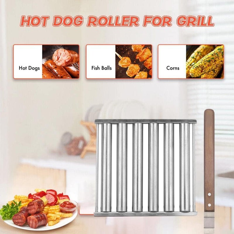 cheekyglo Stainless Steel Hot Dog Roller Rck withExtr Long Wood Hndle,Q Hot Dog Griller,Hotdog Roller Susge Roller for Grill, 6 Rollers for 5 Hot Dogs, nti-Scld, Het Evenly,Easy Cooked- - Image 5