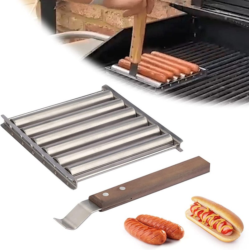 cheekyglo Stainless Steel Hot Dog Roller Rck withExtr Long Wood Hndle,Q Hot Dog Griller,Hotdog Roller Susge Roller for Grill, 6 Rollers for 5 Hot Dogs, nti-Scld, Het Evenly,Easy Cooked- - Image 1