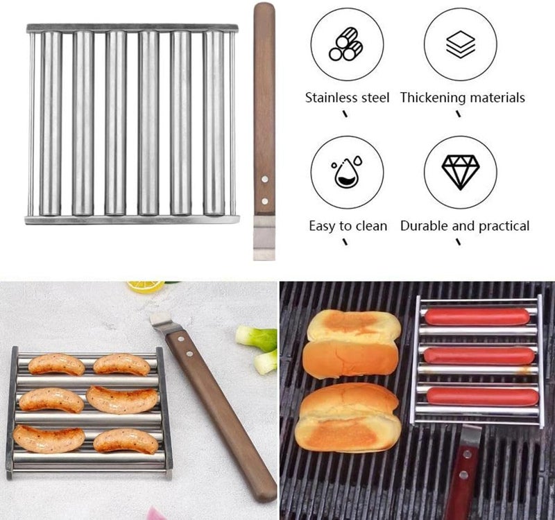 cheekyglo Stainless Steel Hot Dog Roller Rck withExtr Long Wood Hndle,Q Hot Dog Griller,Hotdog Roller Susge Roller for Grill, 6 Rollers for 5 Hot Dogs, nti-Scld, Het Evenly,Easy Cooked- - Image 3