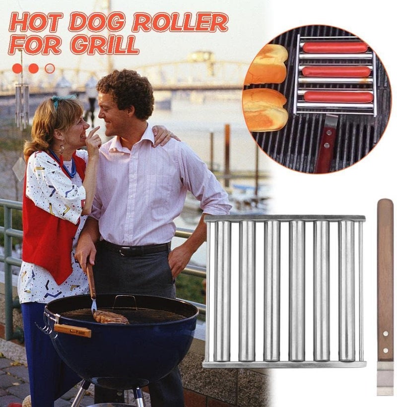 cheekyglo Stainless Steel Hot Dog Roller Rck withExtr Long Wood Hndle,Q Hot Dog Griller,Hotdog Roller Susge Roller for Grill, 6 Rollers for 5 Hot Dogs, nti-Scld, Het Evenly,Easy Cooked- - Image 2