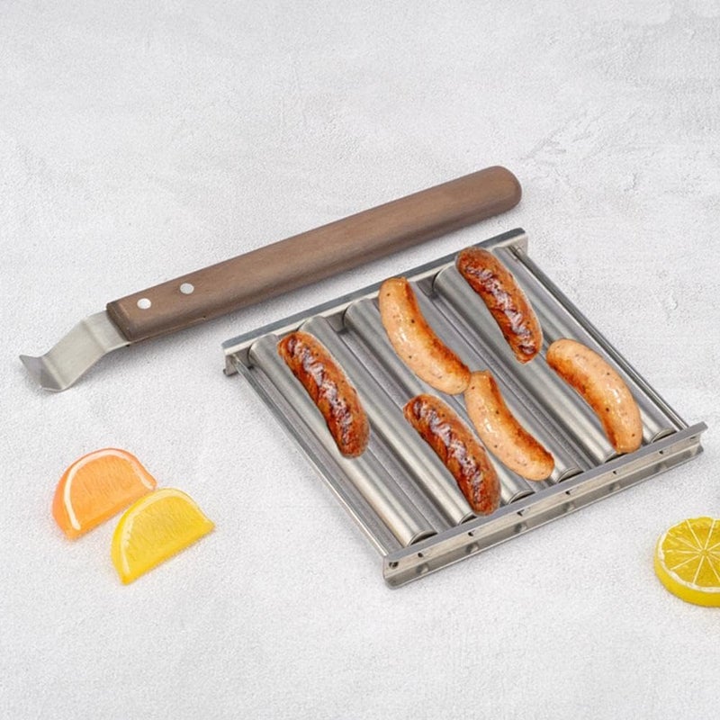 cheekyglo Stainless Steel Hot Dog Roller Rck withExtr Long Wood Hndle,Q Hot Dog Griller,Hotdog Roller Susge Roller for Grill, 6 Rollers for 5 Hot Dogs, nti-Scld, Het Evenly,Easy Cooked- - Image 4