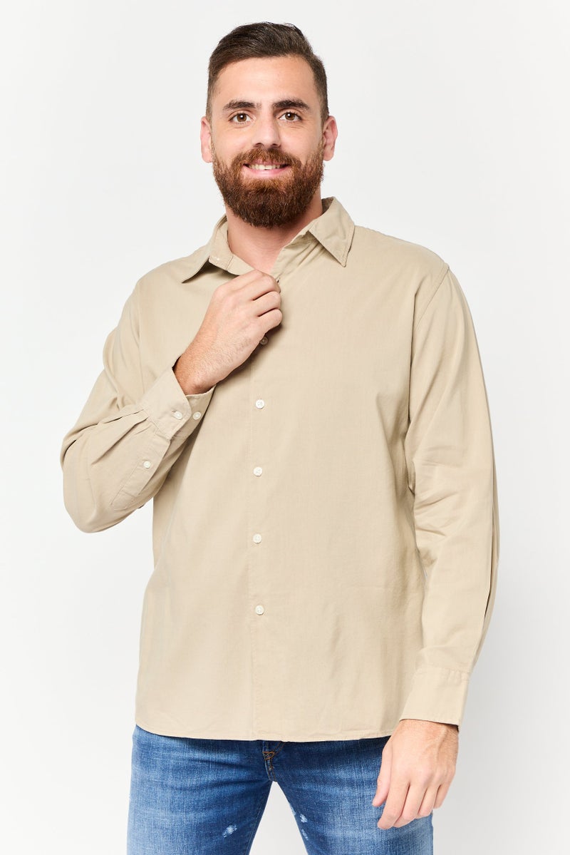 Jack Jones Men Oversized Fit Solid Long Sleeve Casual Shirt, Khaki  - Image 1