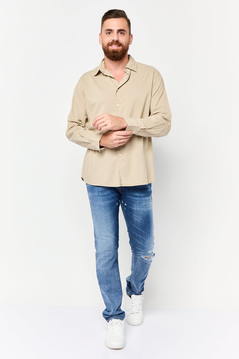 Jack Jones Men Oversized Fit Solid Long Sleeve Casual Shirt, Khaki  - Image 3