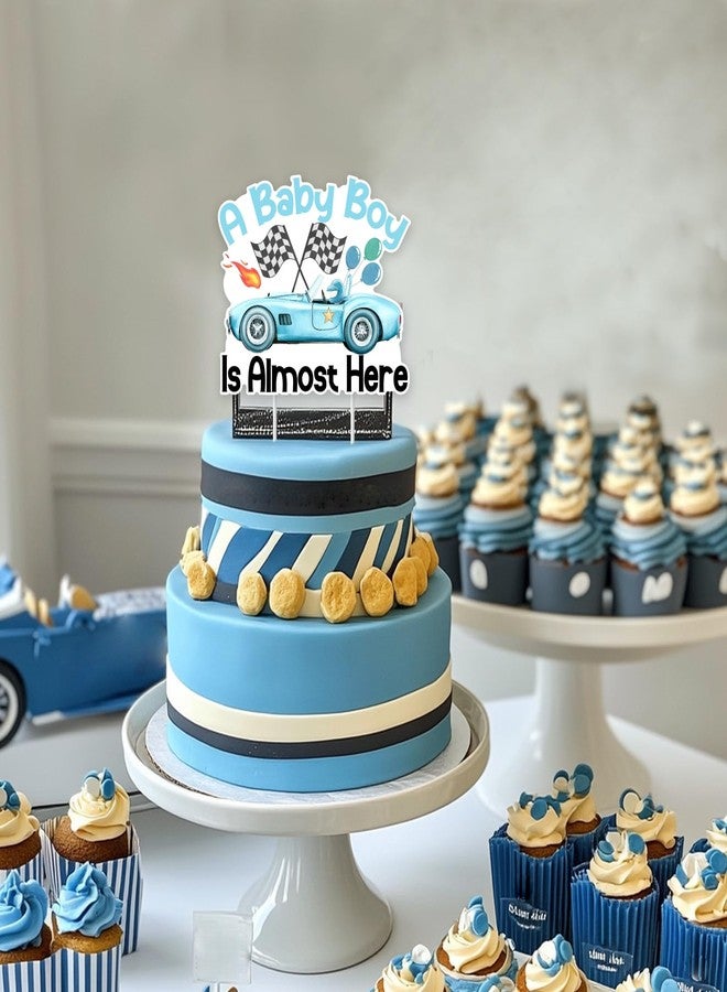 Funmemoir Blue Race Car Baby Shower Decorations for Boy - A Baby Boy Is Almost Here Cake Topper, Vintage Blue Let’s Go Racing Car Cake Decorations for Pregnancy Celebration Newborn Party - Image 3