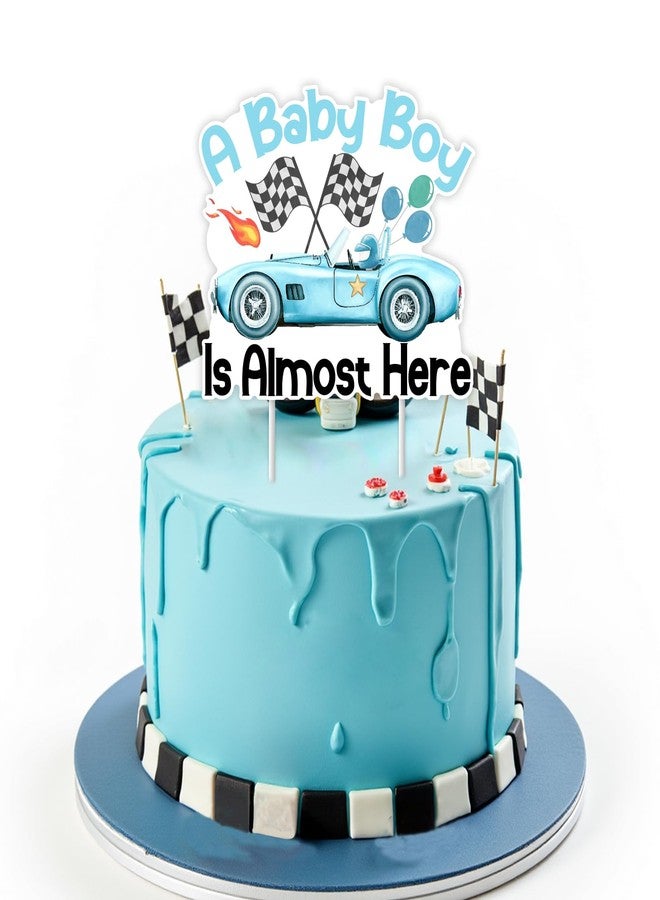 Funmemoir Blue Race Car Baby Shower Decorations for Boy - A Baby Boy Is Almost Here Cake Topper, Vintage Blue Let’s Go Racing Car Cake Decorations for Pregnancy Celebration Newborn Party - Image 2