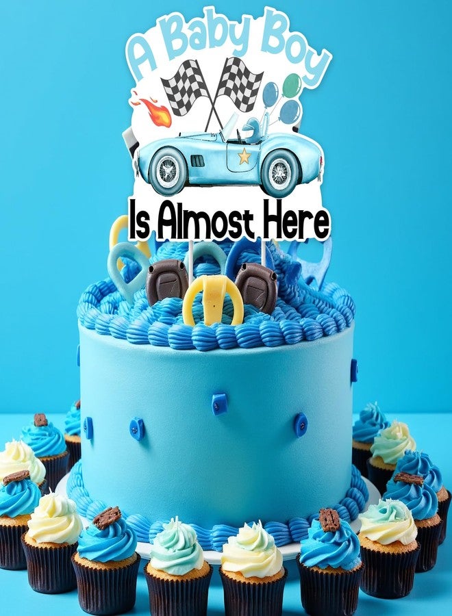 Funmemoir Blue Race Car Baby Shower Decorations for Boy - A Baby Boy Is Almost Here Cake Topper, Vintage Blue Let’s Go Racing Car Cake Decorations for Pregnancy Celebration Newborn Party - Image 4