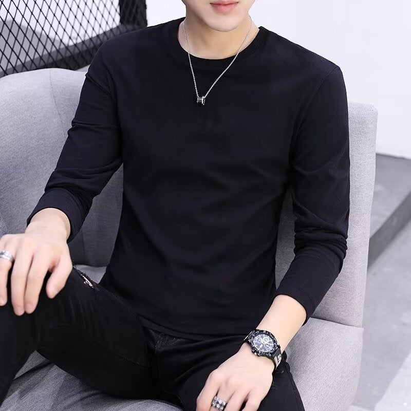 Solid Color V Neck Short-Sleeved T-Shirt Round Neck Men's Young Men's T-Shirt Korean Style Slim Loose T-Shirt Men's Long-Sleeved - Image 1