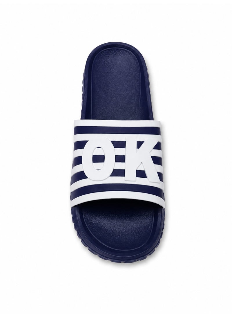 Men’s Slide Sandals, Lightweight EVA Shower Slippers with Non-Slip Sole, Quick-Dry Open Toe Beach Pool House Slides, White Stripe Letter Design, Blue Black Navy, EU 40-45 - Image 2