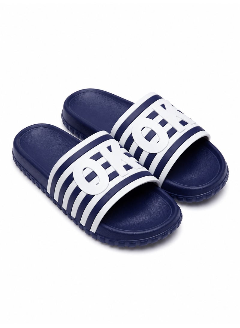 Men’s Slide Sandals, Lightweight EVA Shower Slippers with Non-Slip Sole, Quick-Dry Open Toe Beach Pool House Slides, White Stripe Letter Design, Blue Black Navy, EU 40-45 - Image 1