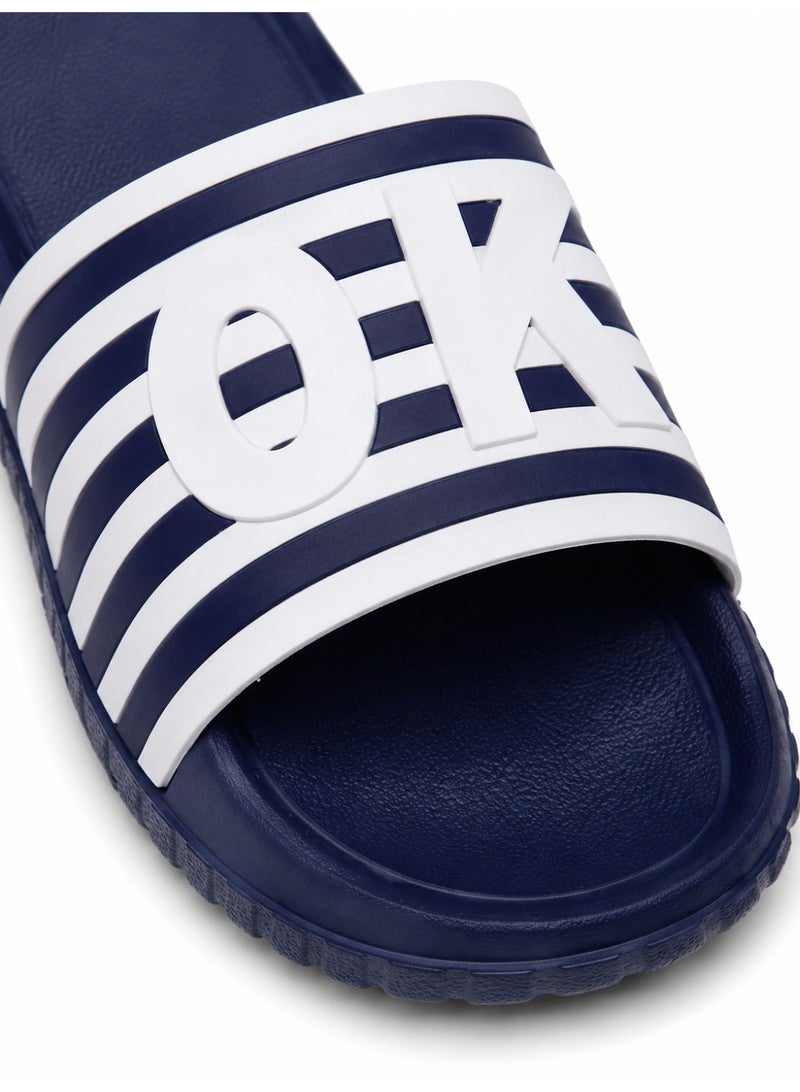 Men’s Slide Sandals, Lightweight EVA Shower Slippers with Non-Slip Sole, Quick-Dry Open Toe Beach Pool House Slides, White Stripe Letter Design, Blue Black Navy, EU 40-45 - Image 3