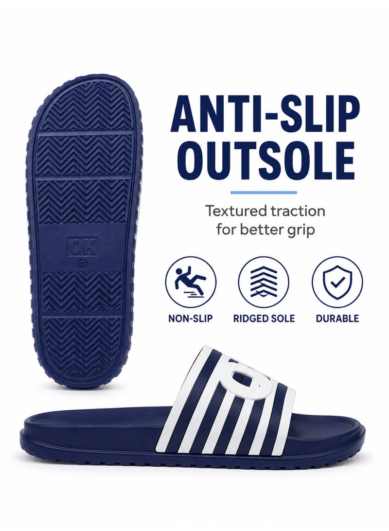 Men’s Slide Sandals, Lightweight EVA Shower Slippers with Non-Slip Sole, Quick-Dry Open Toe Beach Pool House Slides, White Stripe Letter Design, Blue Black Navy, EU 40-45 - Image 4