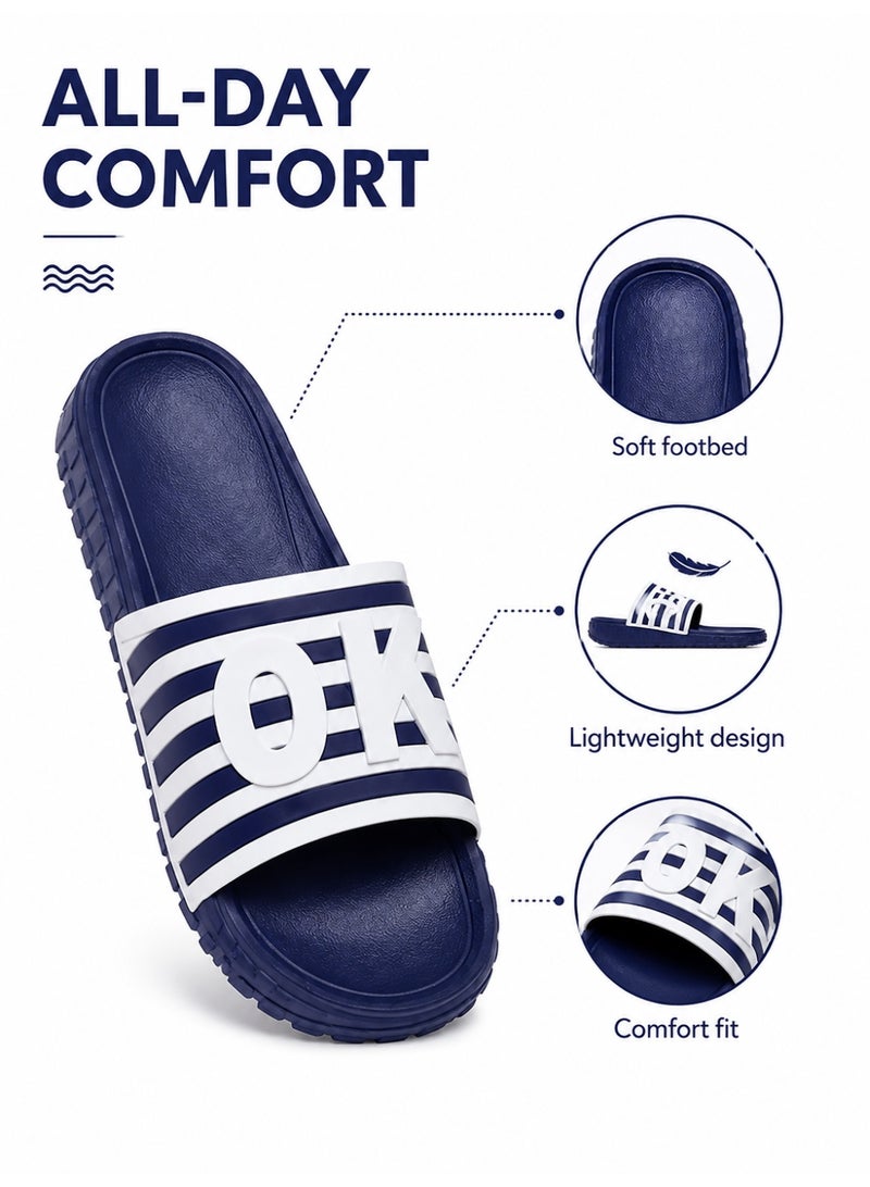 Men’s Slide Sandals, Lightweight EVA Shower Slippers with Non-Slip Sole, Quick-Dry Open Toe Beach Pool House Slides, White Stripe Letter Design, Blue Black Navy, EU 40-45 - Image 5