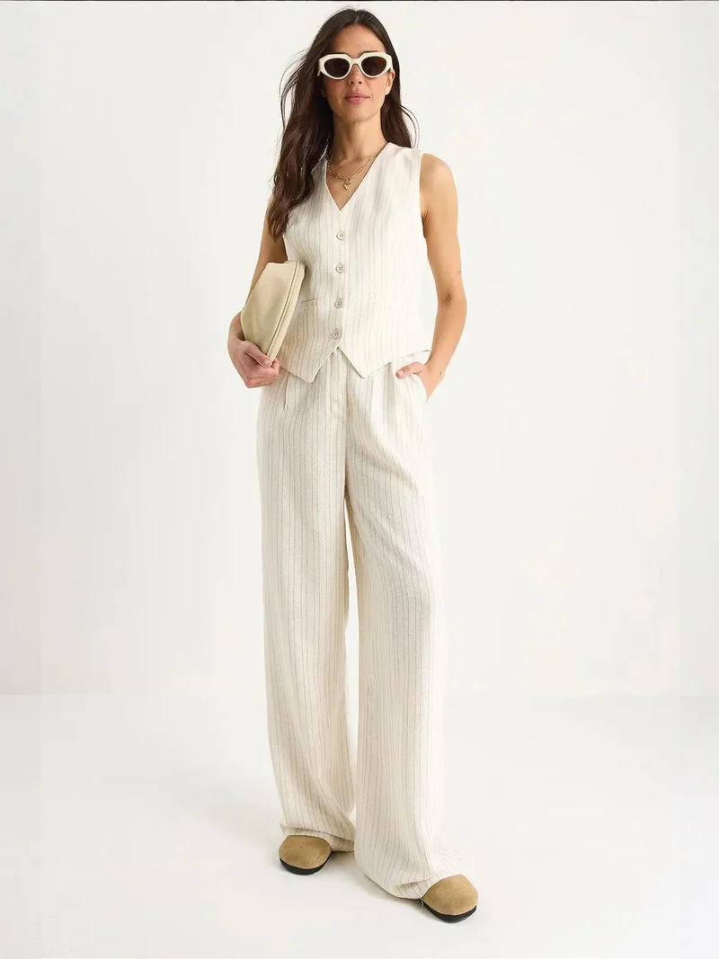 LUCCI Striped V-neck Long Co-ord Set with Button Closure