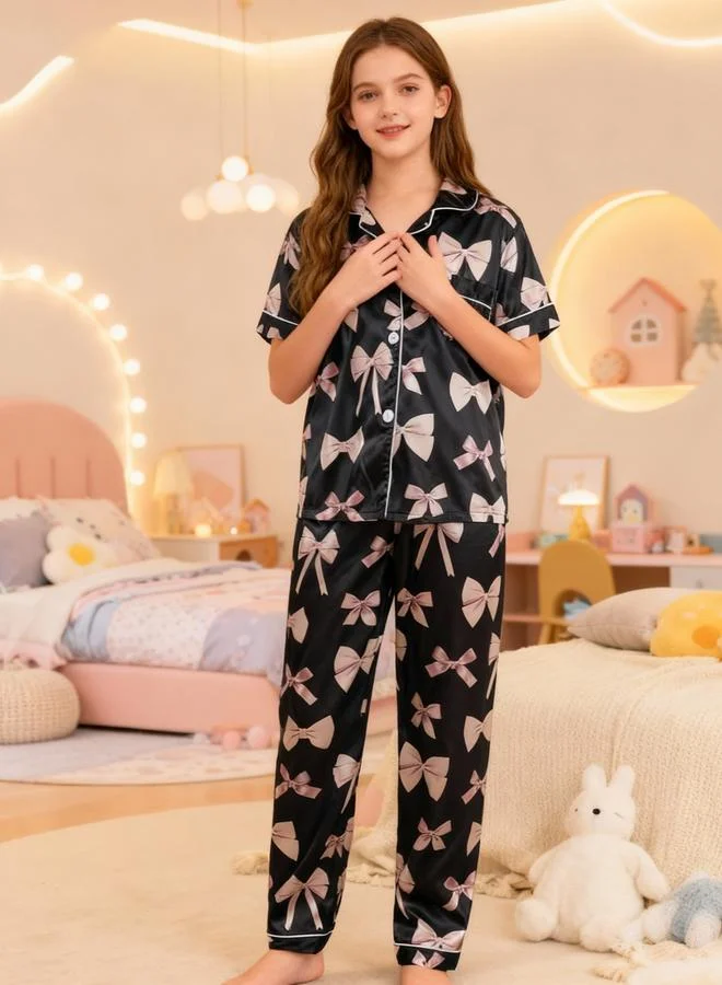 Take Two Girls Bow Print Pocket Detail Shirt and Pyjama Set