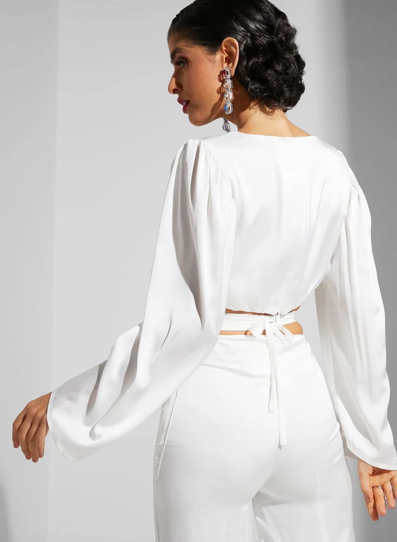 Namshi x Tamara Jamal Satin Finish Top With Tie Up