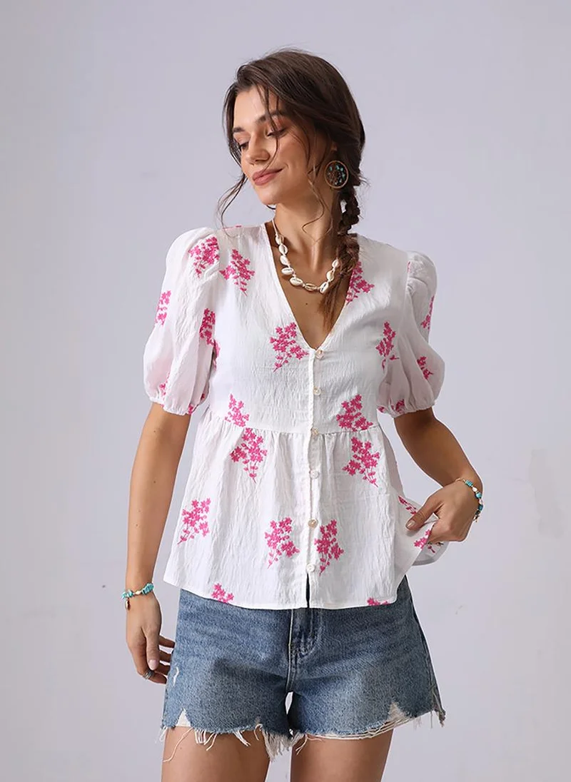 YUNIQEE White & Pink V-Neck Short Sleeves A-Line Top
