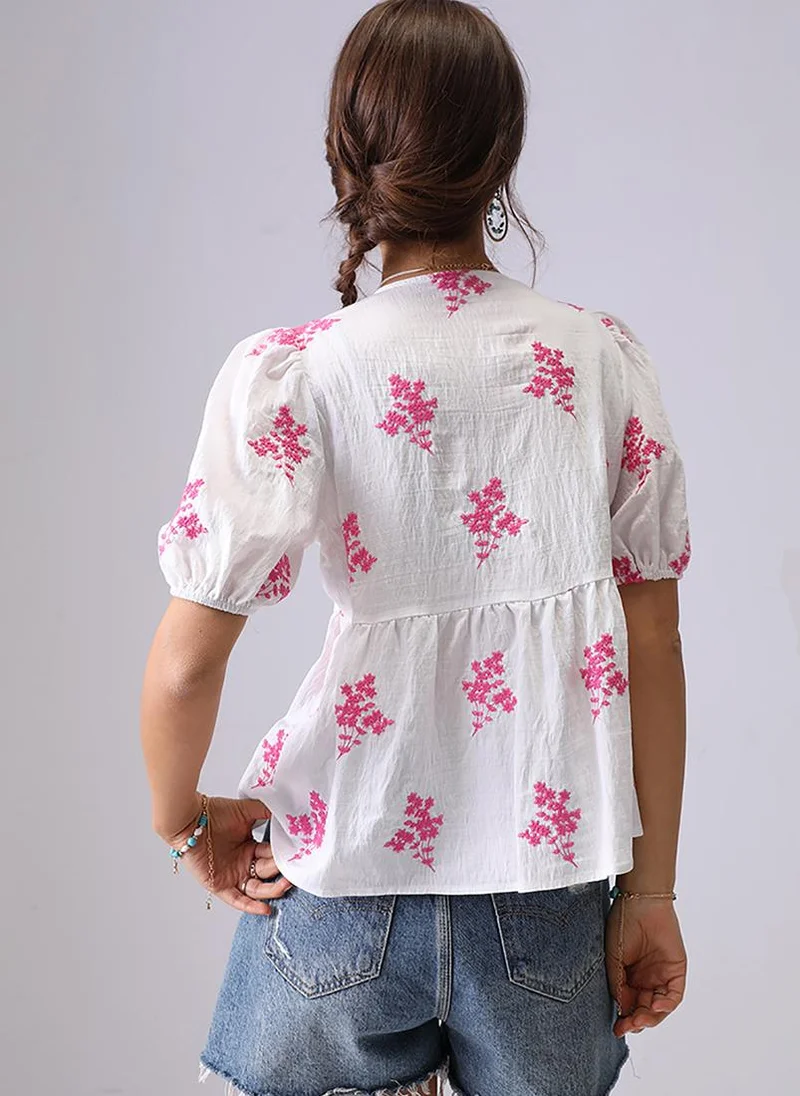 YUNIQEE White & Pink V-Neck Short Sleeves A-Line Top